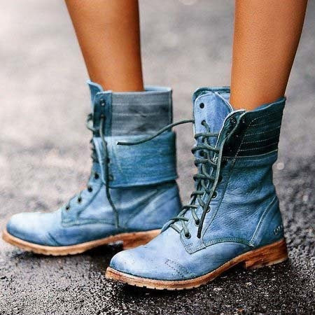Leather Lace Up Combat Boots with Fold Down Cuff