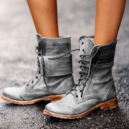 Leather Lace Up Combat Boots with Fold Down Cuff