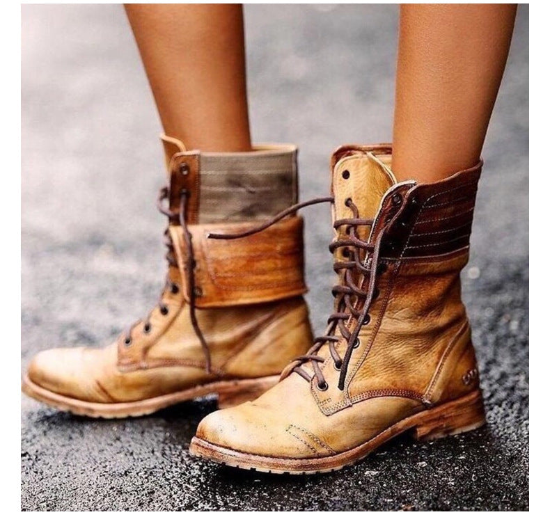 Leather Lace Up Combat Boots with Fold Down Cuff