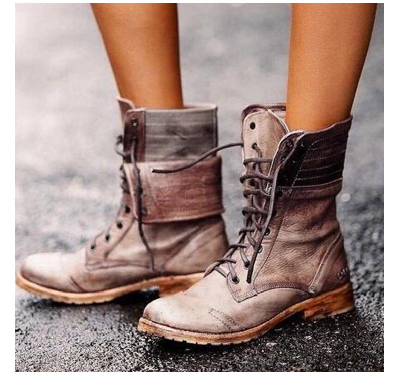 Leather Lace Up Combat Boots with Fold Down Cuff