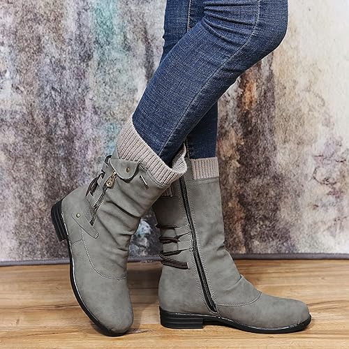 Leather Mid Calf Boots with Zip and Lace Detail