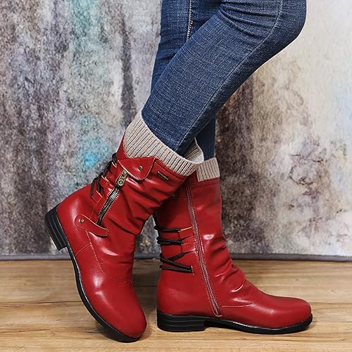 Leather Mid Calf Boots with Zip and Lace Detail