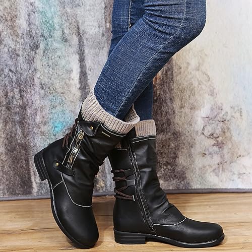 Leather Mid Calf Boots with Zip and Lace Detail