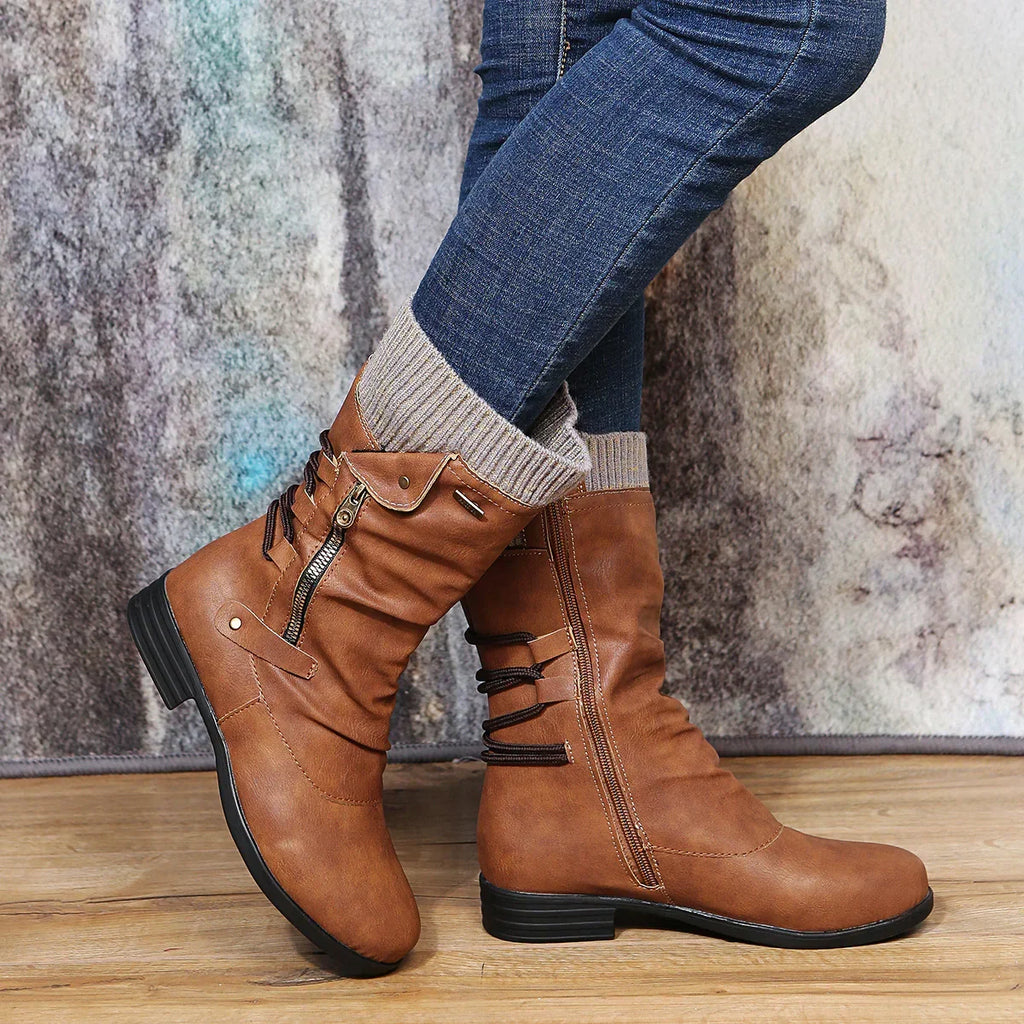 Leather Mid Calf Boots with Zip and Lace Detail