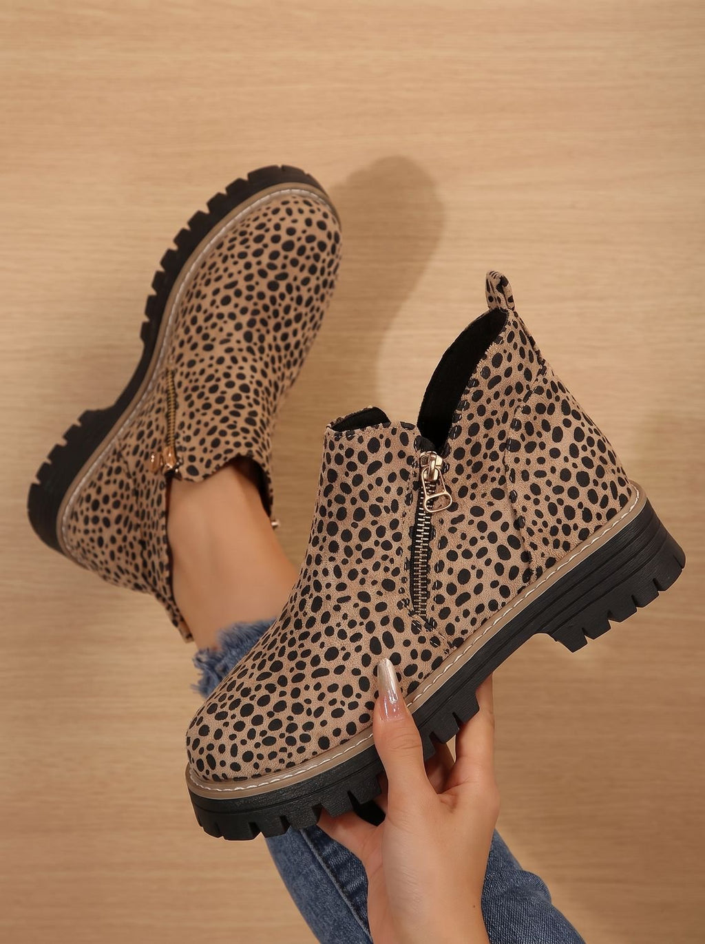 Leopard Print Flat Ankle Boots with Chunky Sole and Side Zip