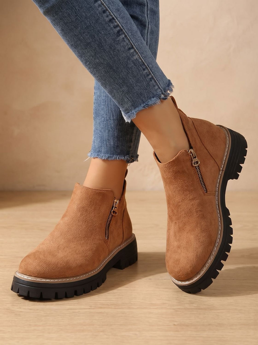 Leopard Print Flat Ankle Boots with Chunky Sole and Side Zip