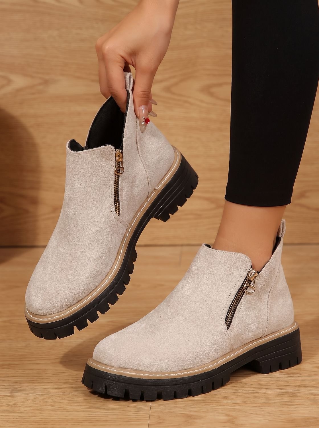 Leopard Print Flat Ankle Boots with Chunky Sole and Side Zip
