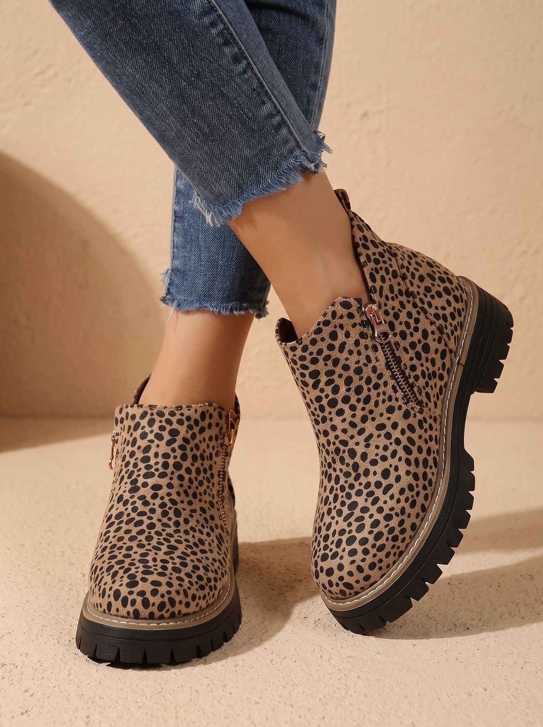 Leopard Print Flat Ankle Boots with Chunky Sole and Side Zip