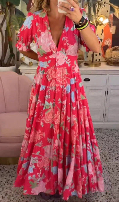 Vestido Largo Femenino Floral con Escote en V y Manga Corta para Verano
