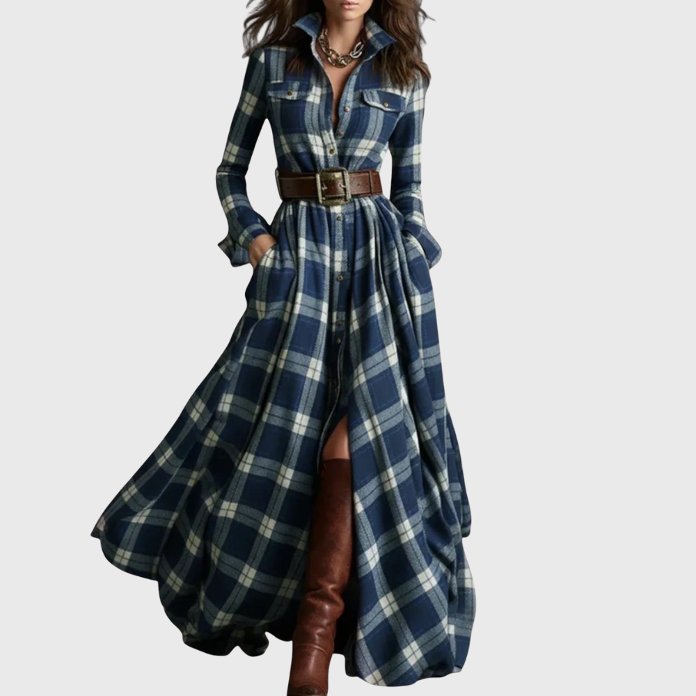 Vestido Maxi Cuadros Escoceses con Cinturón Estilo Elegante Casual para Mujer con Manga Larga y Bolsillos