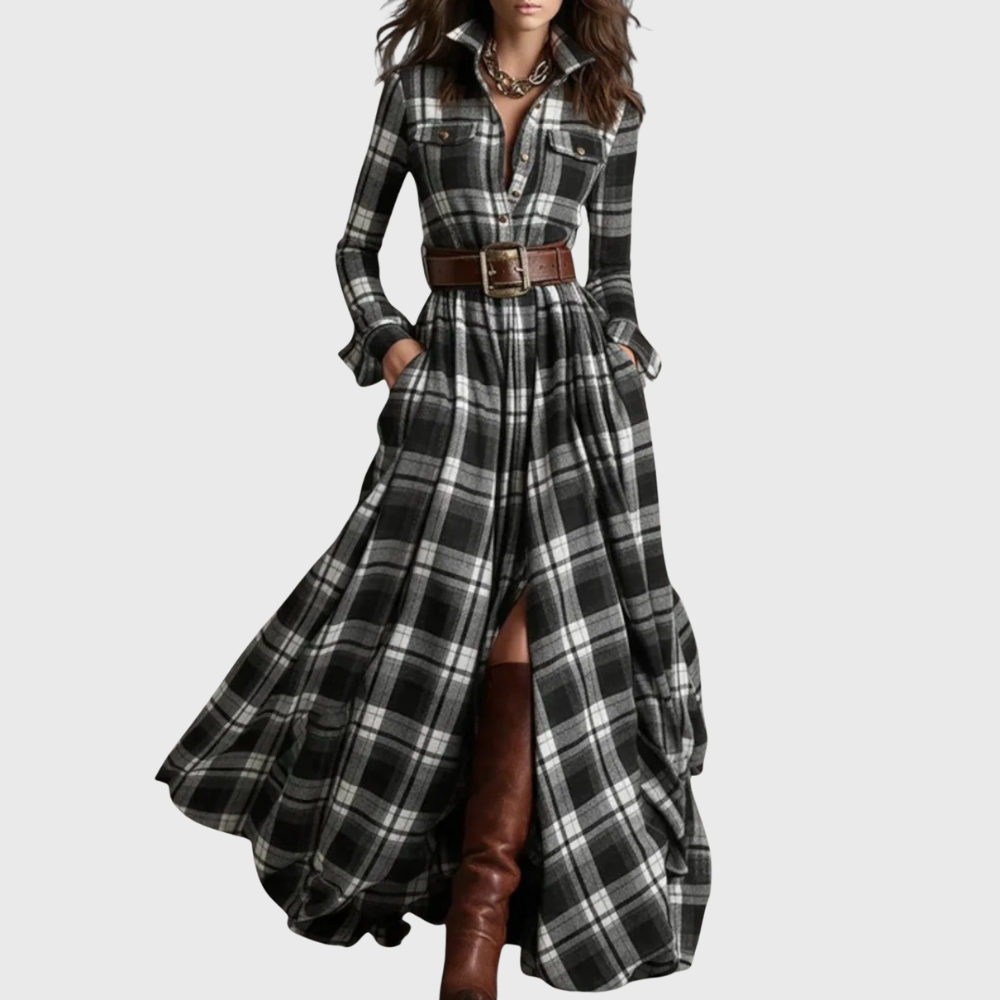 Vestido Maxi Cuadros Escoceses con Cinturón Estilo Elegante Casual para Mujer con Manga Larga y Bolsillos