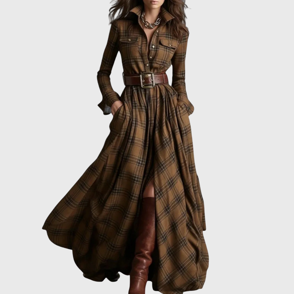 Vestido Maxi Cuadros Escoceses con Cinturón Estilo Elegante Casual para Mujer con Manga Larga y Bolsillos