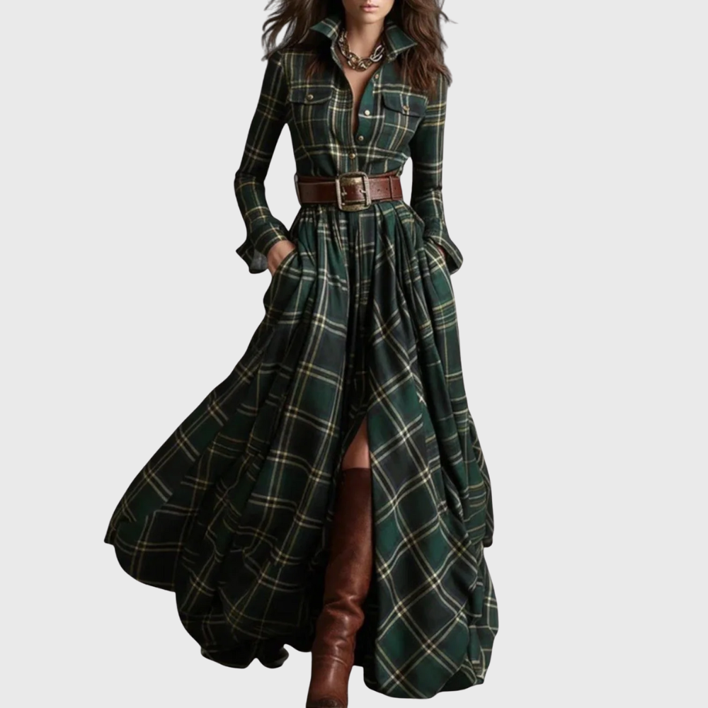 Vestido Maxi Cuadros Escoceses con Cinturón Estilo Elegante Casual para Mujer con Manga Larga y Bolsillos