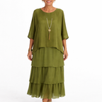 Vestido Femenino Largo Fluido de Capas para Verano Verde