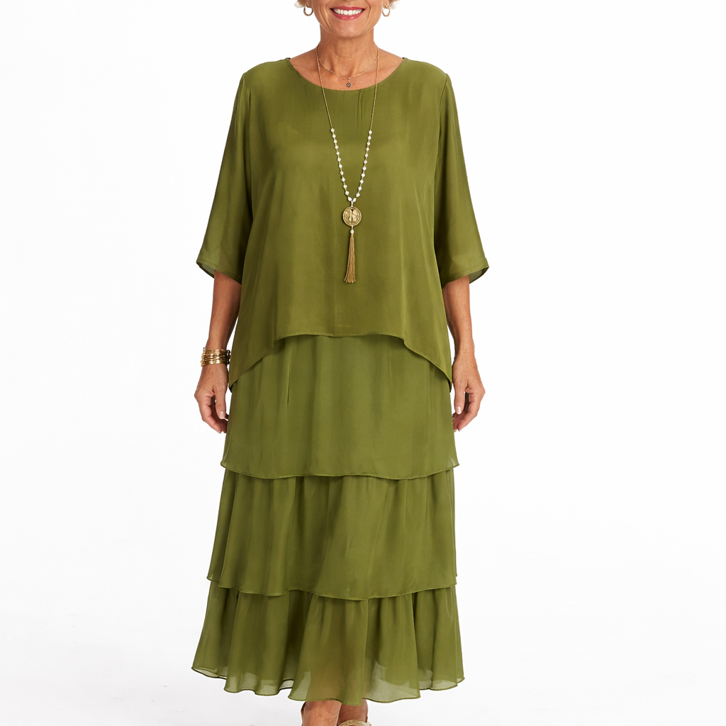 Vestido Femenino Largo Fluido de Capas para Verano Verde