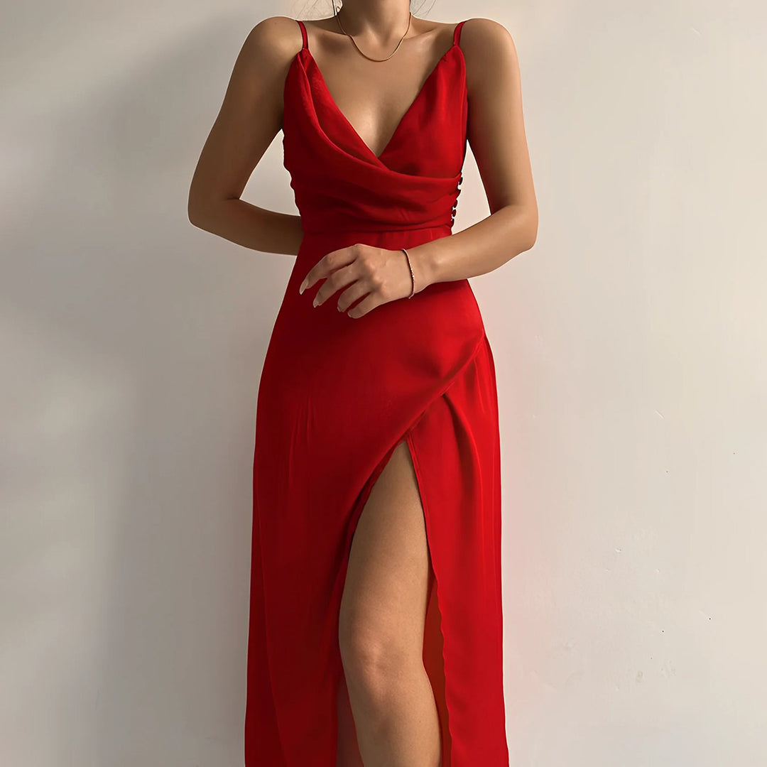 Vestido Largo Satinado Elegante con Escote Cruzado y Abertura Lateral