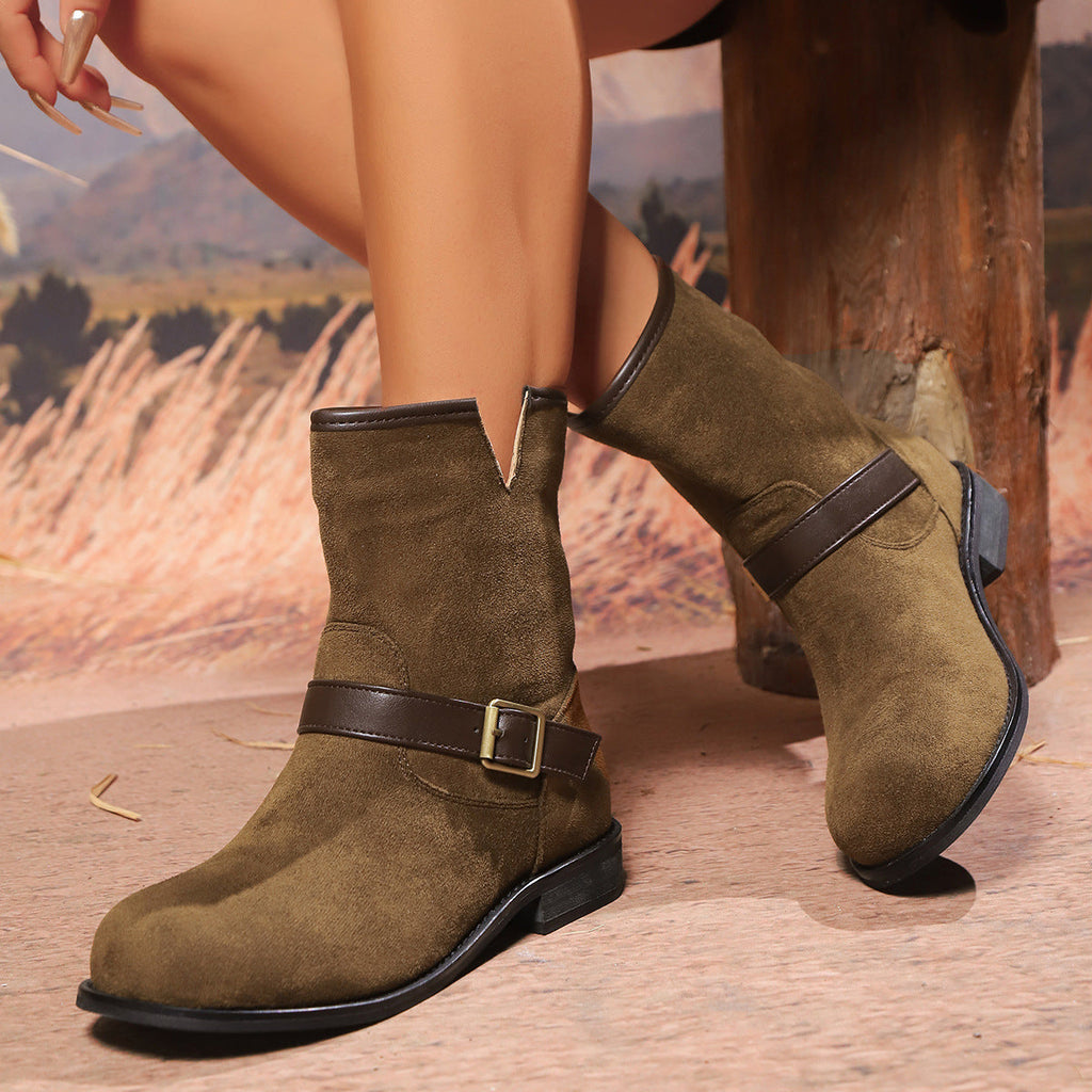 Retro Suede Ankle Boots with Brown Buckle Strap