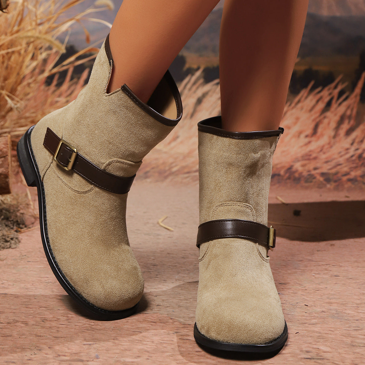 Retro Suede Ankle Boots with Brown Buckle Strap