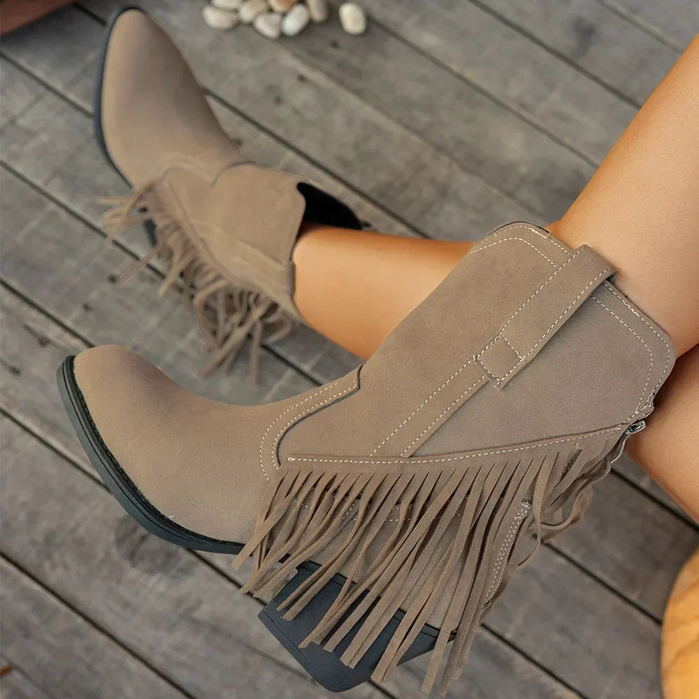 Retro Suede Cowboy Boots with Fringe and Fold-Over Strap