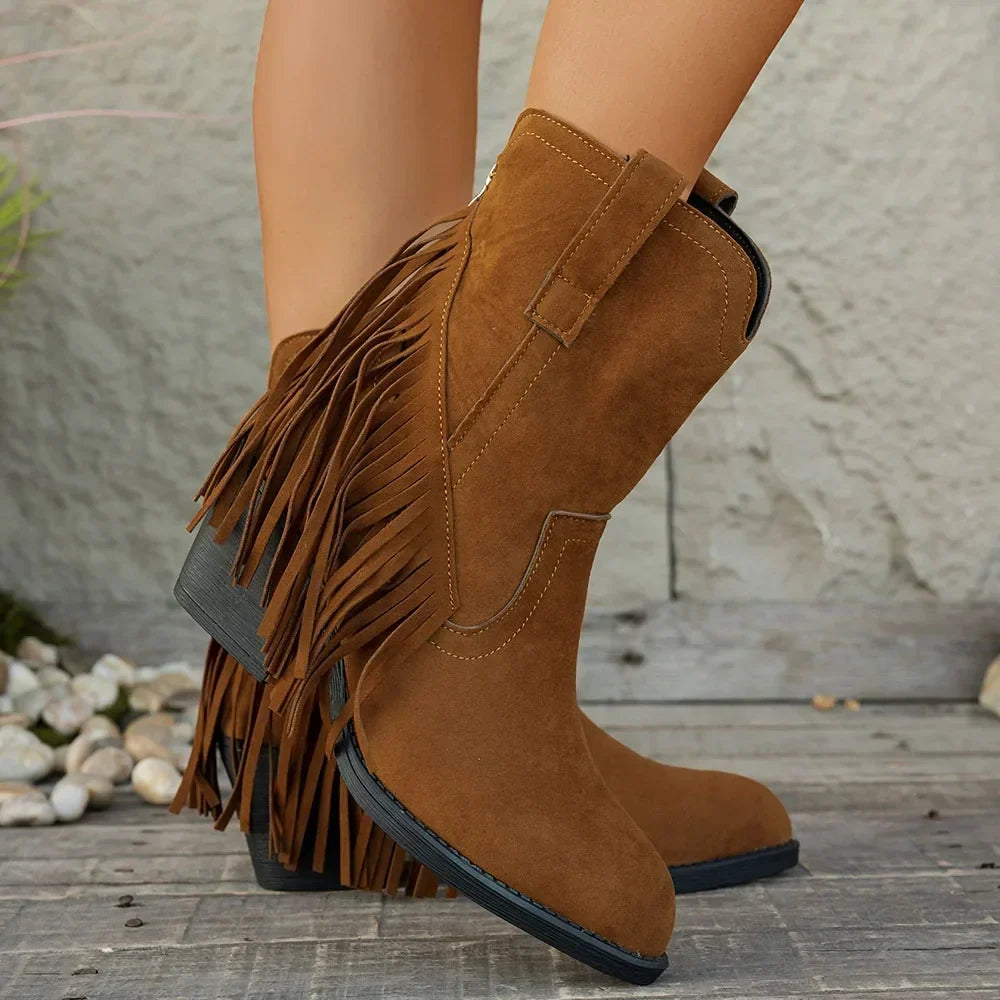 Retro Suede Cowboy Boots with Fringe and Fold-Over Strap