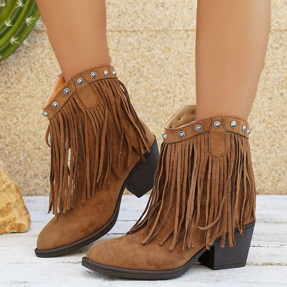 Retro Suede Cowboy Boots with Fringe and Fold-Over Strap