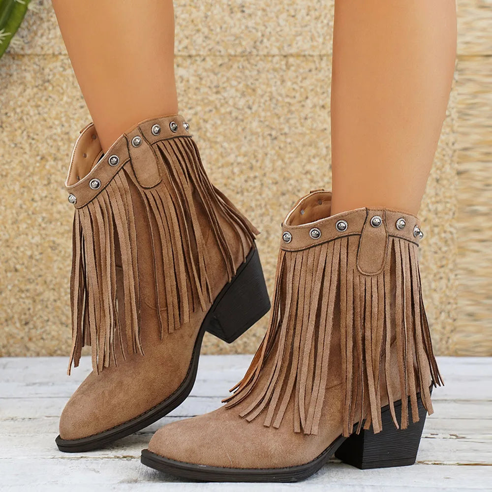 Retro Suede Cowboy Boots with Fringe and Fold-Over Strap