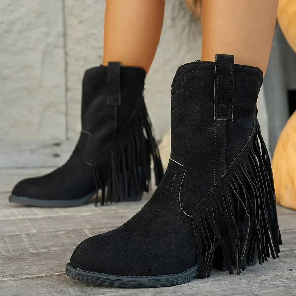 Retro Suede Cowboy Boots with Fringe and Fold-Over Strap