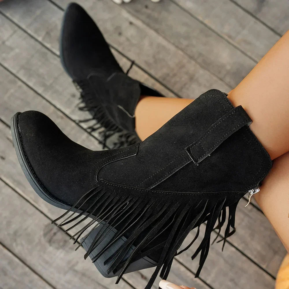 Retro Suede Cowboy Boots with Fringe and Fold-Over Strap