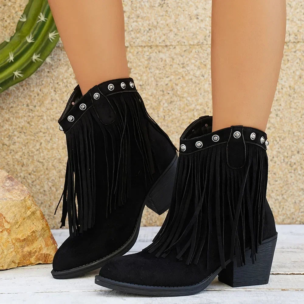 Retro Suede Cowboy Boots with Fringe and Fold-Over Strap