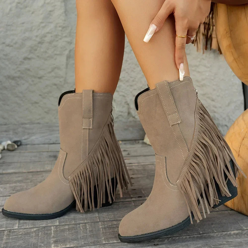 Retro Suede Cowboy Boots with Fringe and Fold-Over Strap