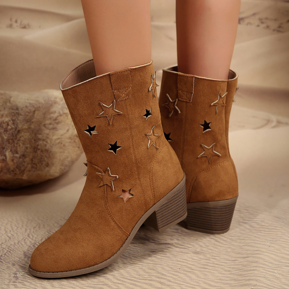 Retro Suede Cowboy Boots with Star Cut-Out Detail and Block Heel
