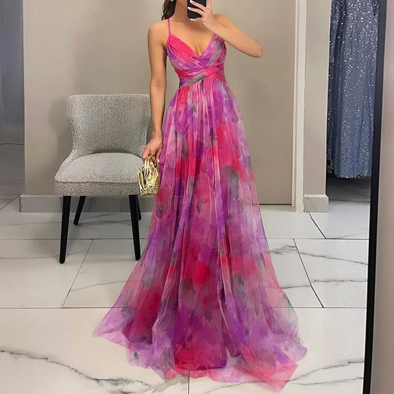 Vestido Largo de Fiesta Floral Rosa para Mujer Elegante con Escote en V y Falda Vaporosa