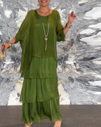 Vestido Femenino Largo Fluido de Capas para Verano Verde