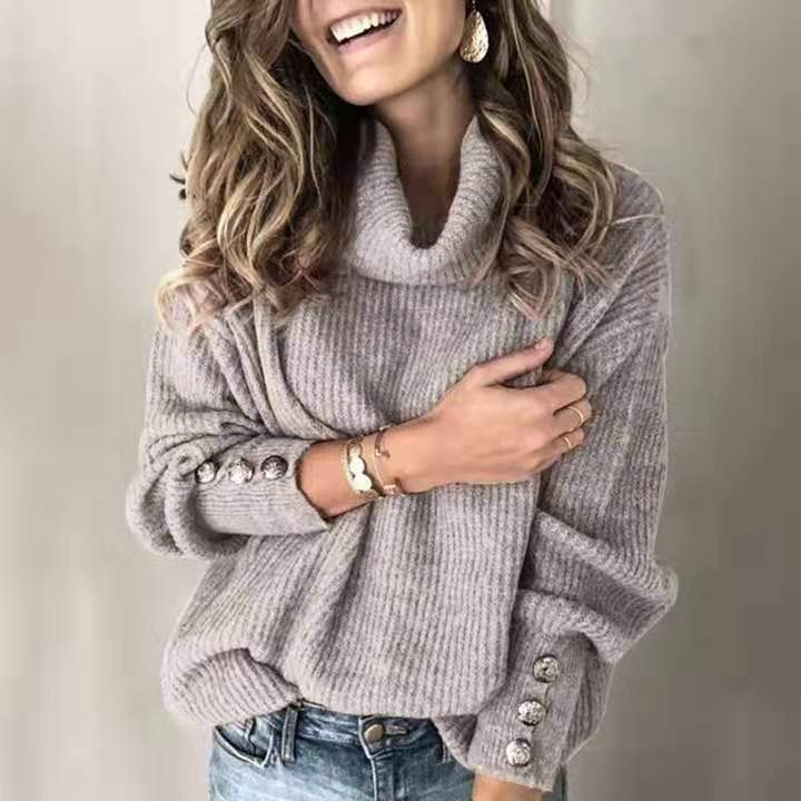 Drune Damenpullover | Gestrickter Turtleneck Pullover mit Knopfdesign für lockere Tops