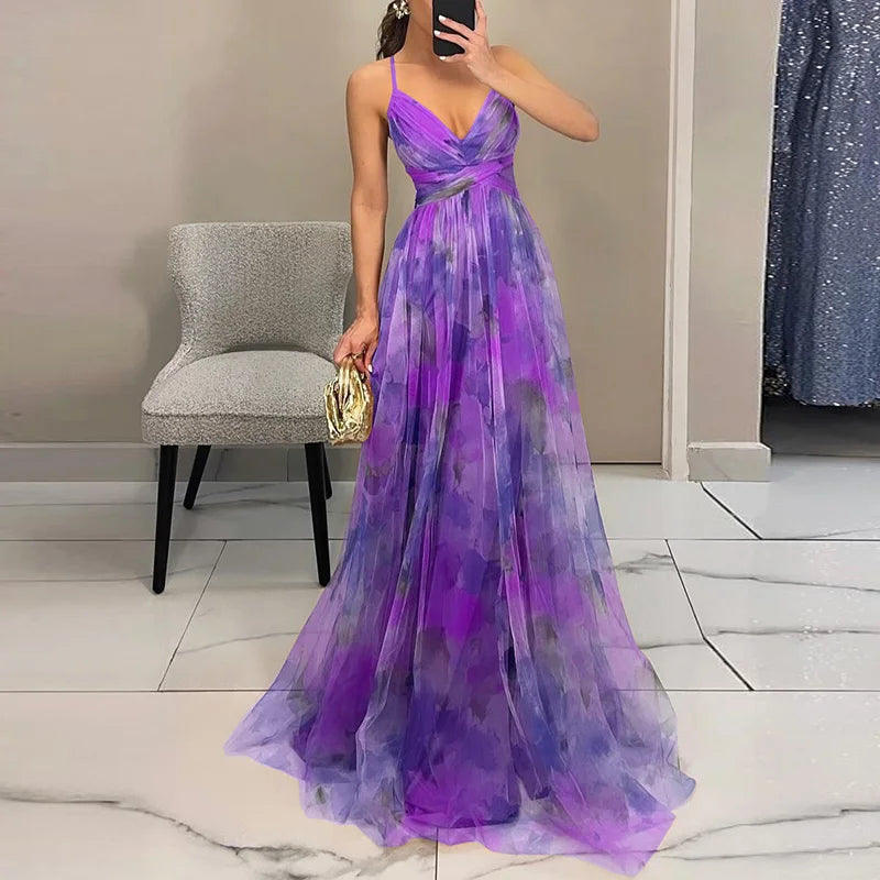 Vestido Largo de Fiesta Floral Rosa para Mujer Elegante con Escote en V y Falda Vaporosa