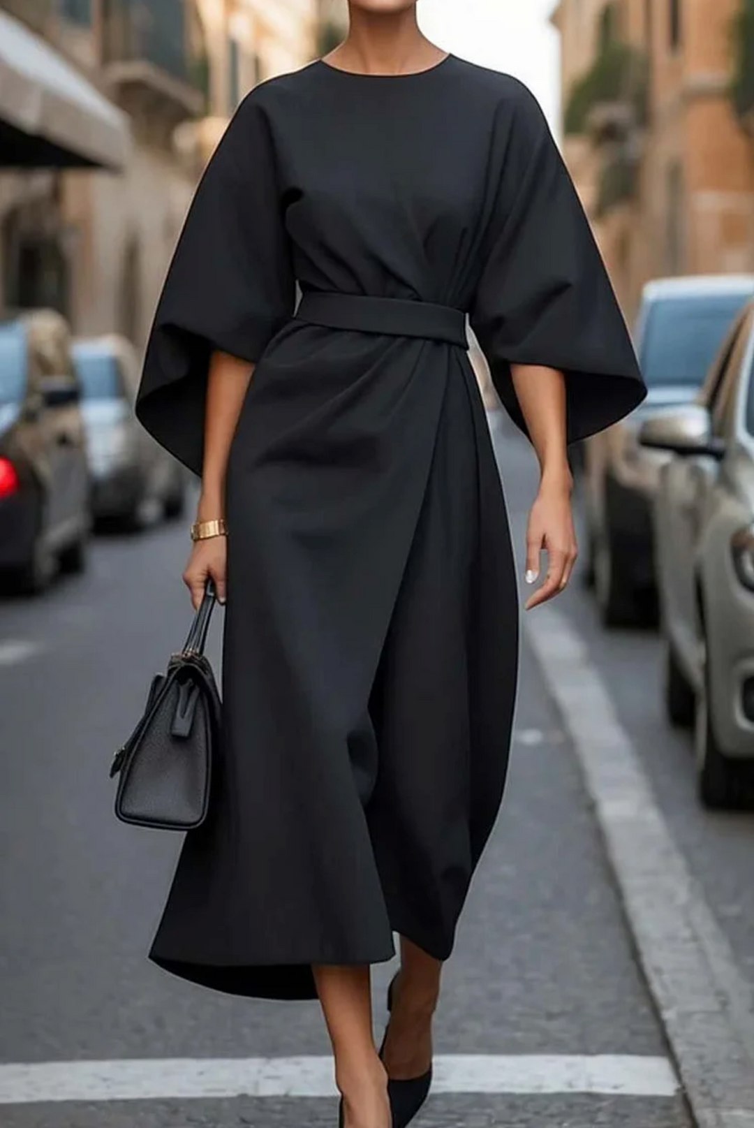 Vestido Midi Negro Elegante Mujer Manga Amplia Cinturón Ajustable Estilo Minimalista Formal