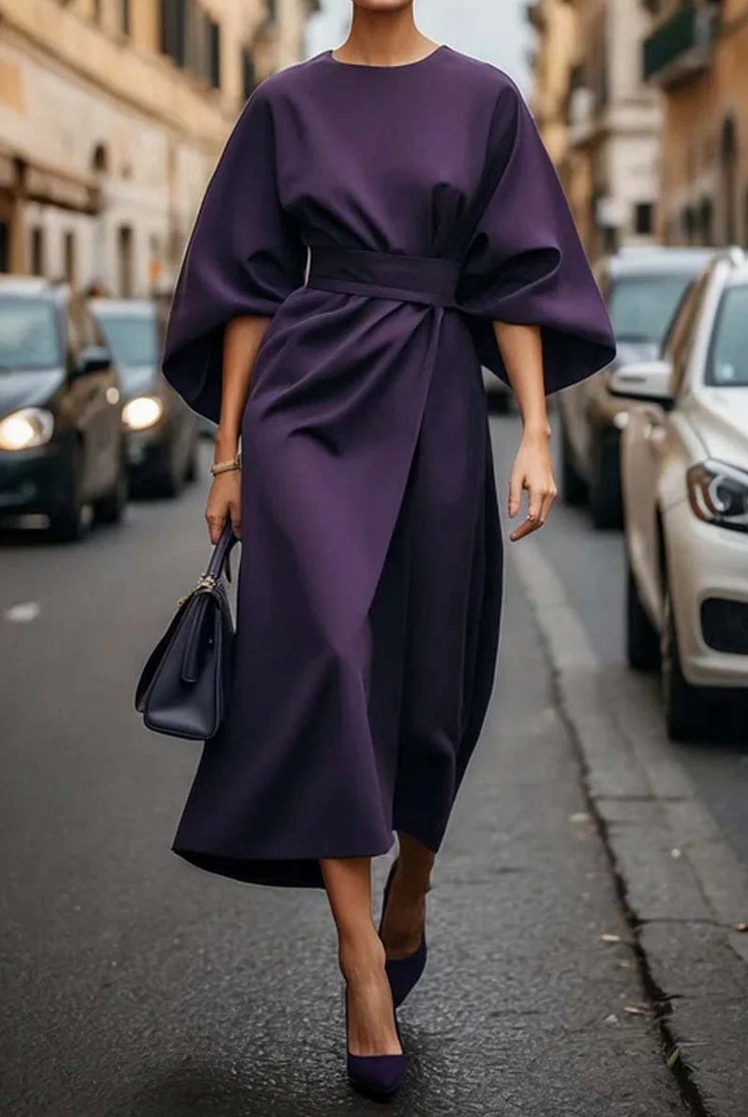 Vestido Midi Negro Elegante Mujer Manga Amplia Cinturón Ajustable Estilo Minimalista Formal
