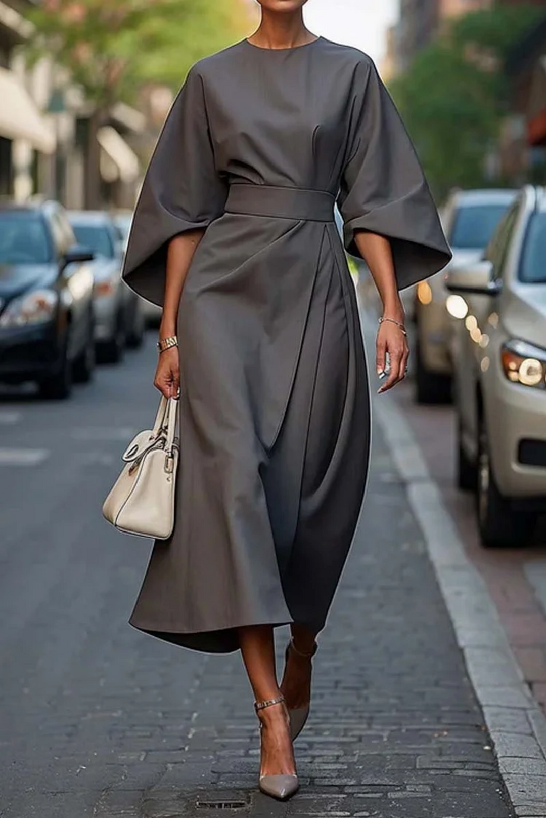 Vestido Midi Negro Elegante Mujer Manga Amplia Cinturón Ajustable Estilo Minimalista Formal