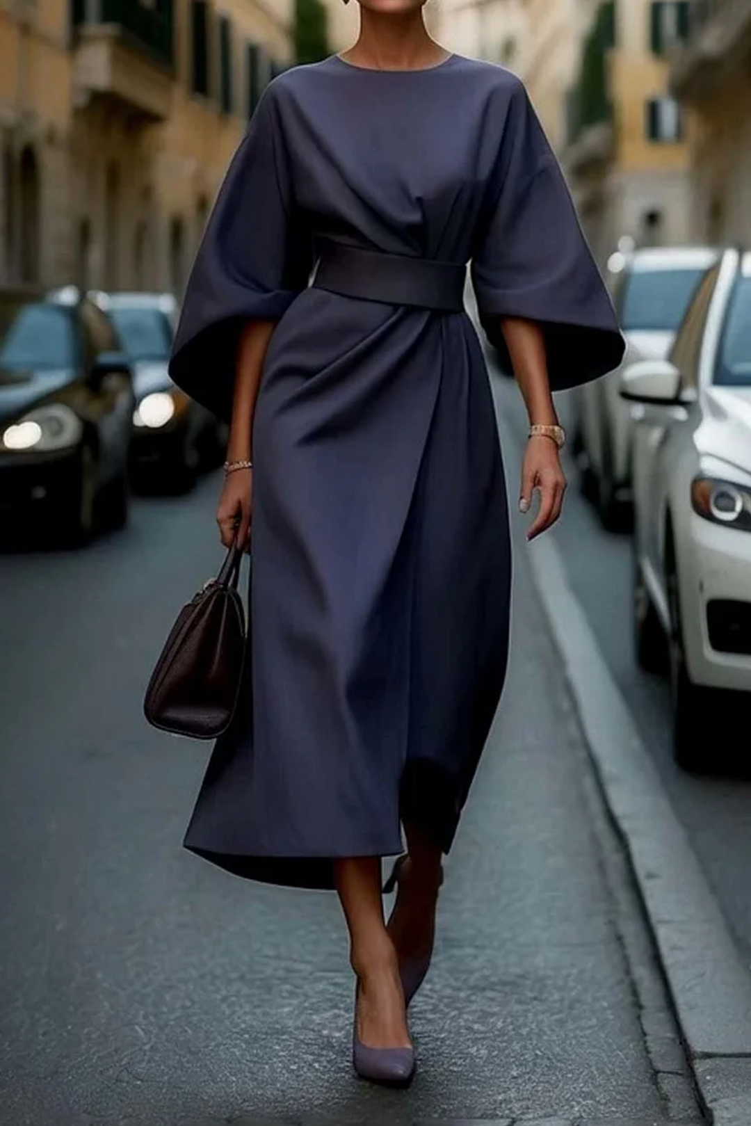 Sofia - Vestido elegante con mangas farol y cinturón para Mujer