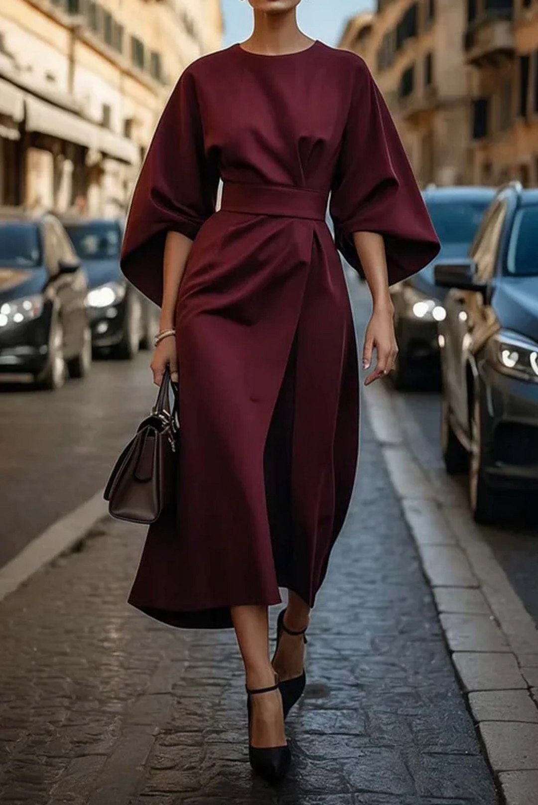 Vestido Midi Negro Elegante Mujer Manga Amplia Cinturón Ajustable Estilo Minimalista Formal