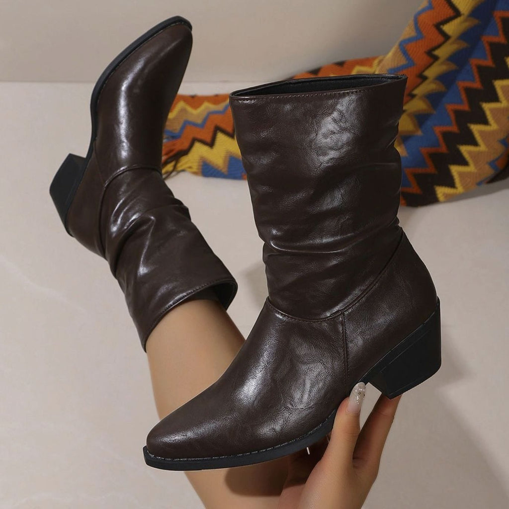 Slouch Leather Ankle Boots with Block Heel and Pointed Toe