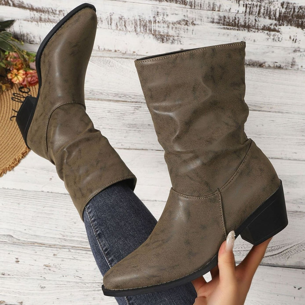 Slouch Leather Ankle Boots with Block Heel and Pointed Toe