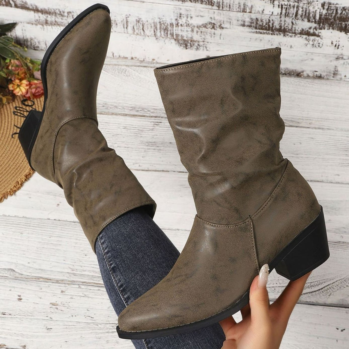 Slouch Leather Ankle Boots with Block Heel and Pointed Toe