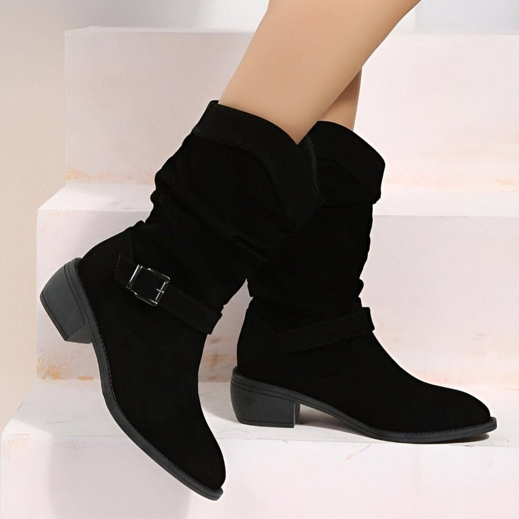 Slouchy Suede Mid-Calf Boots with Block Heel and Strap Detail