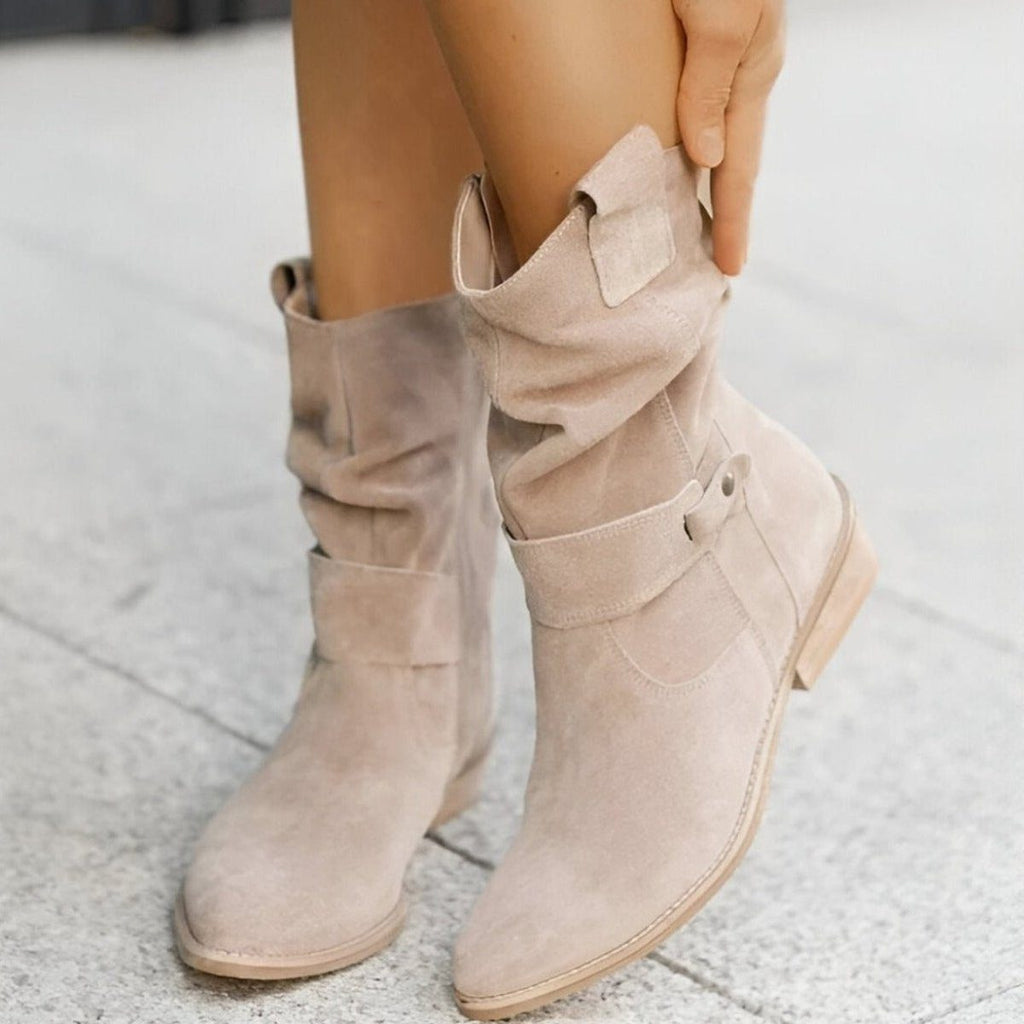 Slouchy Suede Mid-Calf Boots with Block Heel and Strap Detail