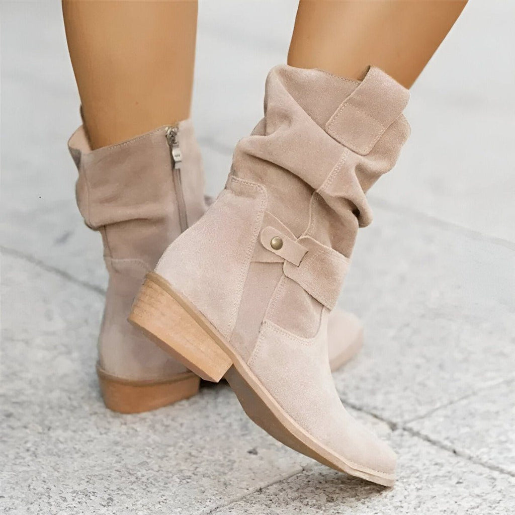 Slouchy Suede Mid-Calf Boots with Block Heel and Strap Detail