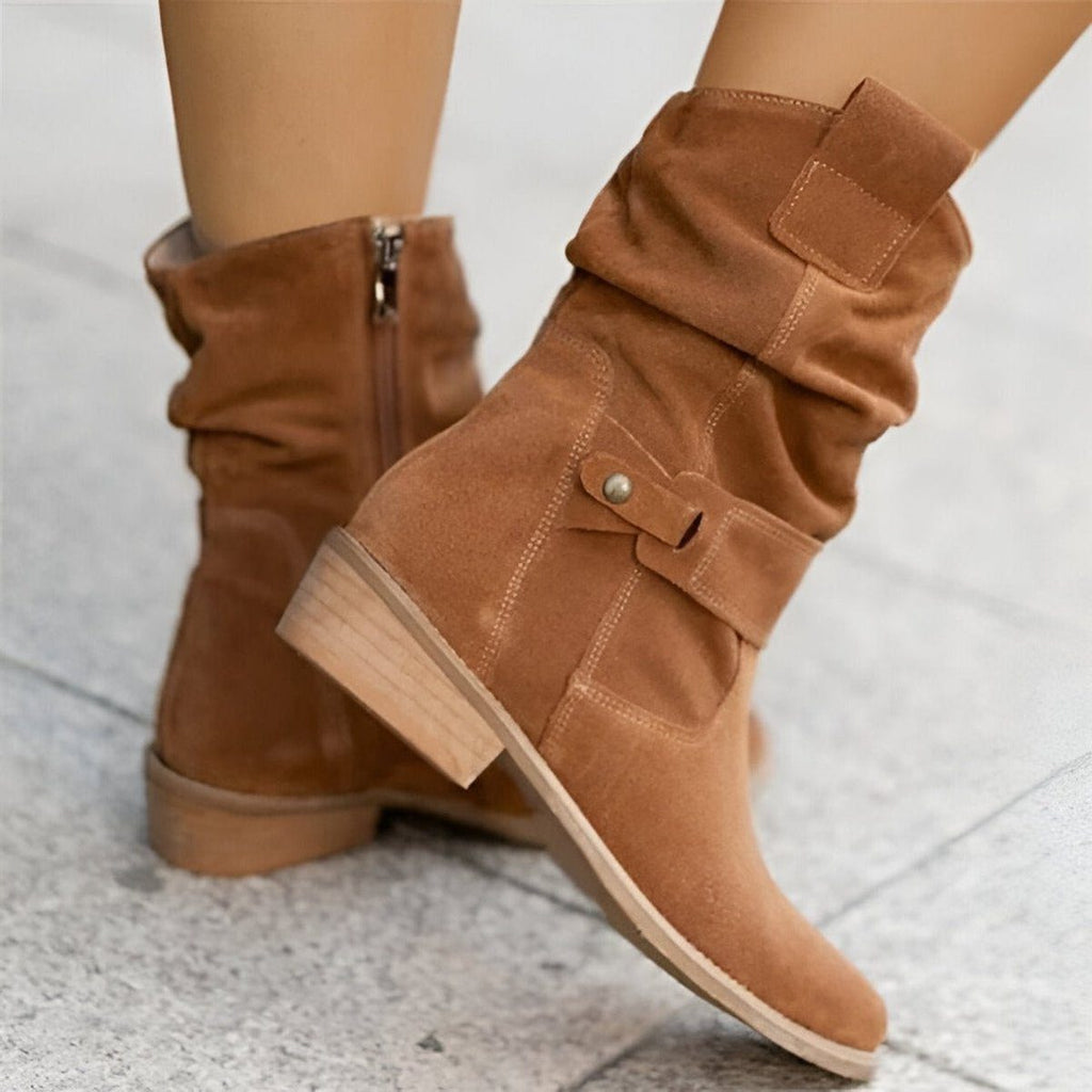 Slouchy Suede Mid-Calf Boots with Block Heel and Strap Detail