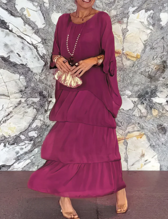 Vestido Femenino Largo Fluido de Capas para Verano Verde