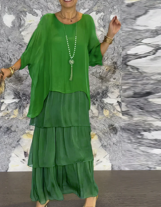 Vestido Femenino Largo Fluido de Capas para Verano Verde