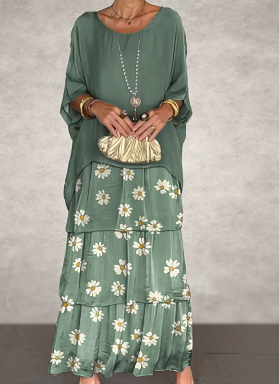Vestido Femenino Largo Fluido de Capas para Verano Verde